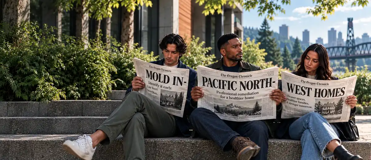 Three Portland neighbors sit on stone steps reading newspapers, with the city skyline and a steel bridge behind them